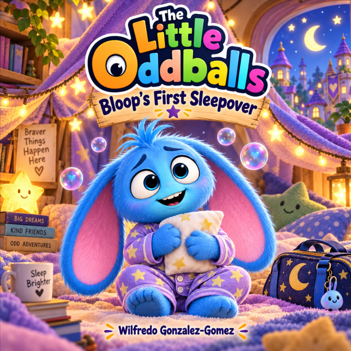 The Little Oddballs: Bloop’s First Sleepover cover, with Bloop in star-patterned pajamas holding a pillow