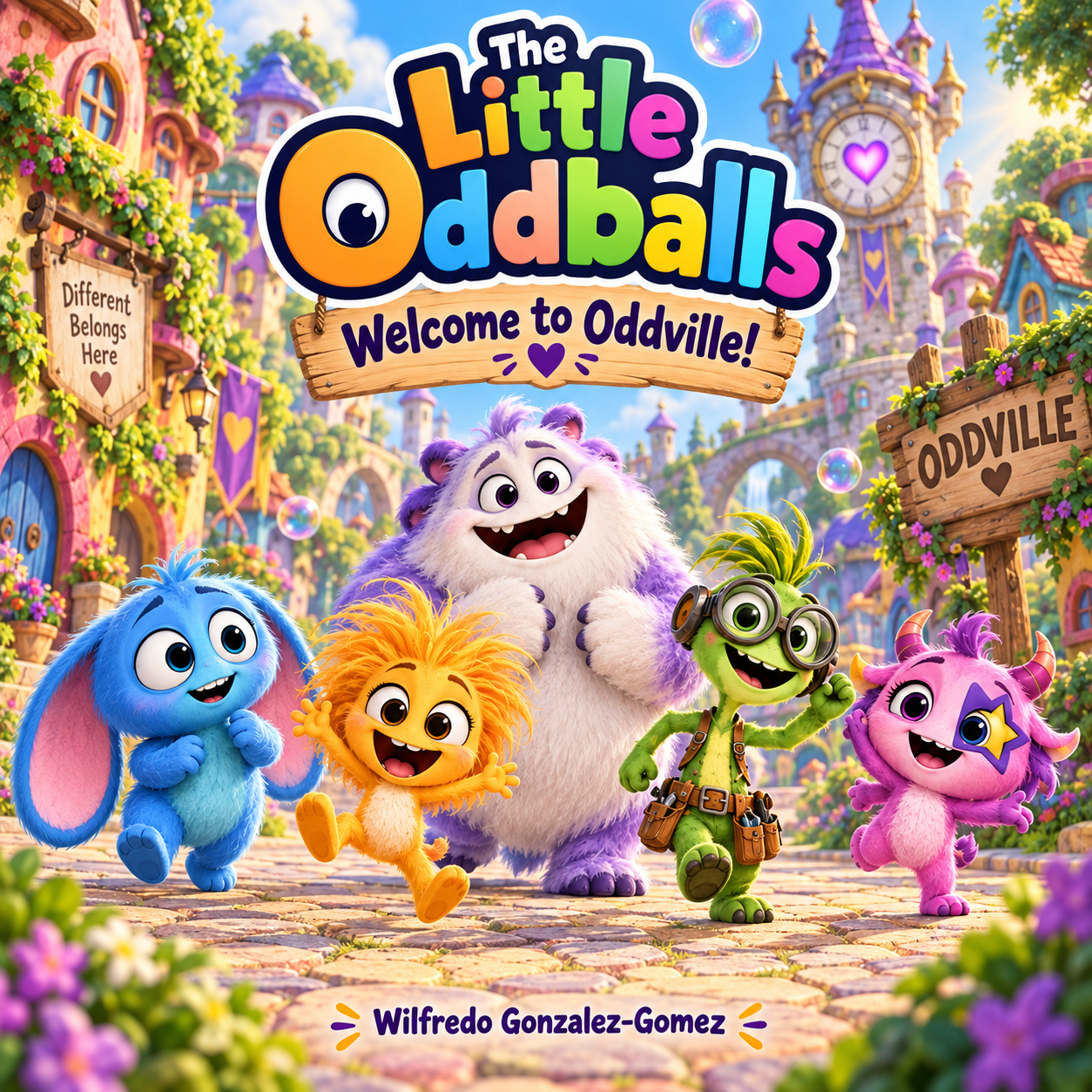 The Little Oddballs: Welcome to Oddville! cover, featuring all five friends in their colorful town